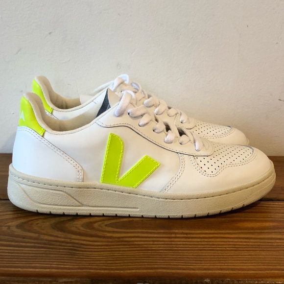 Veja V10 Leather White Jaune Fluo Sneakers Shoes - Picture 6 of 10